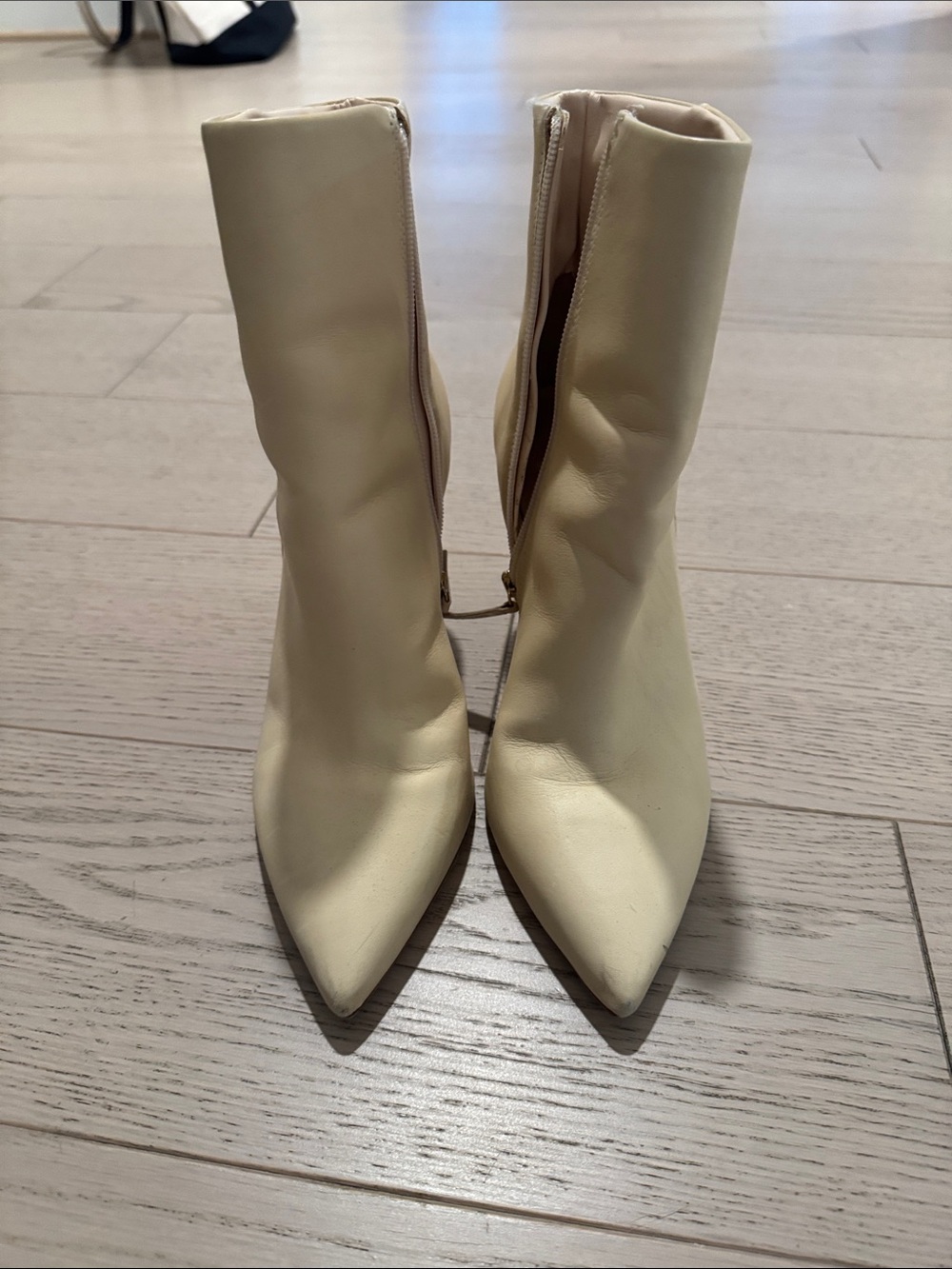 SCHUTZ Cream Pointed-Toe Mid-Calf Heeled Boots